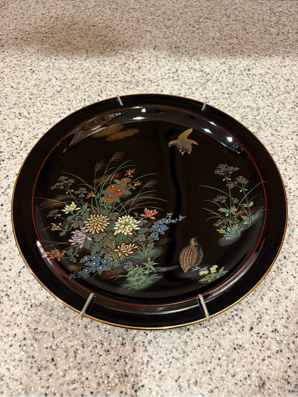 Vintage Yamaji Japan Black Floral Design Birds Porcelain Plate
